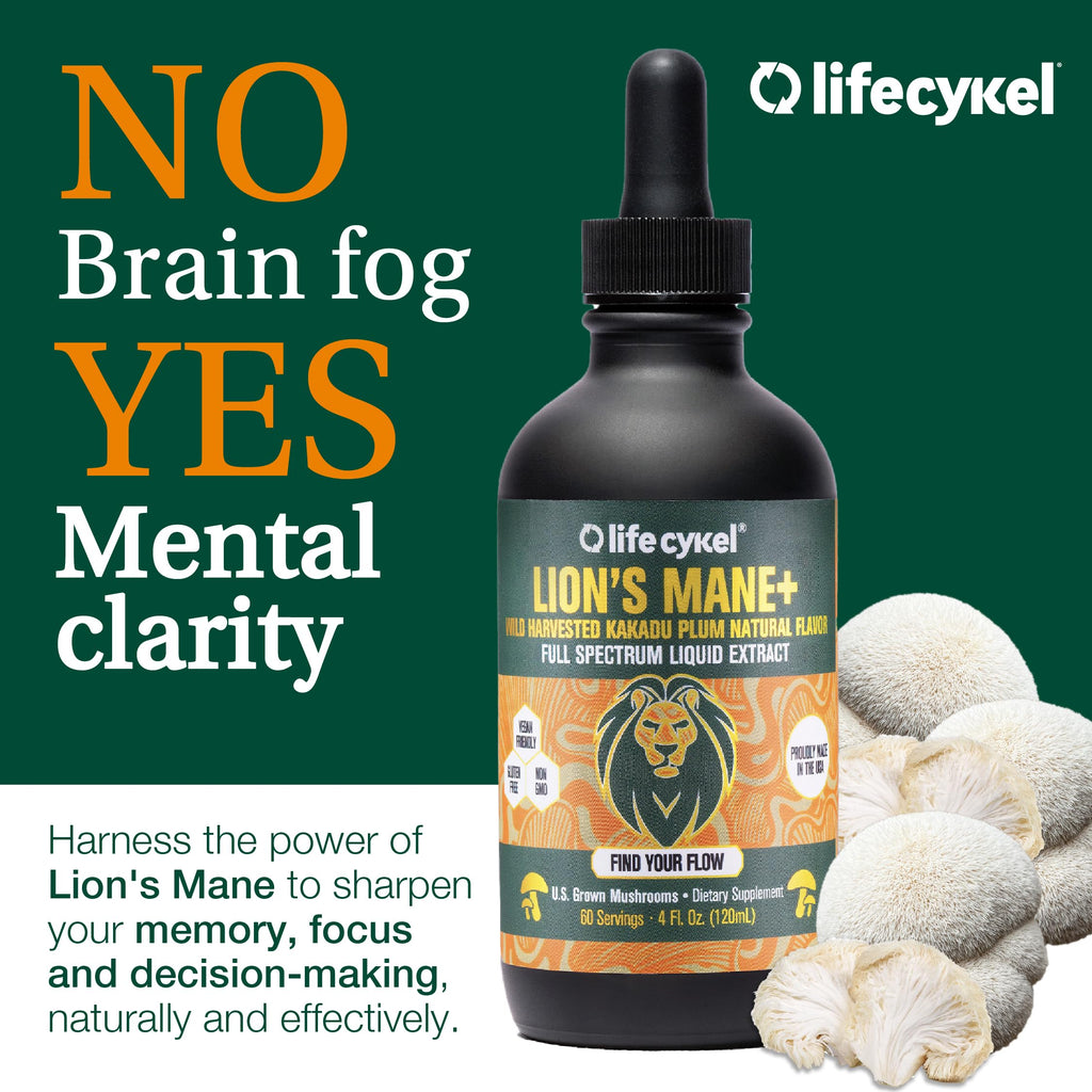 Life Cykel - Lion's Mane Mushroom Extract with Kakadu Plum - Brain Booster Nootropic for Memory, Focus & REM Sleep - Non-GMO, Organic Mushroom Tincture - 4 Fl Oz (60 Servings)