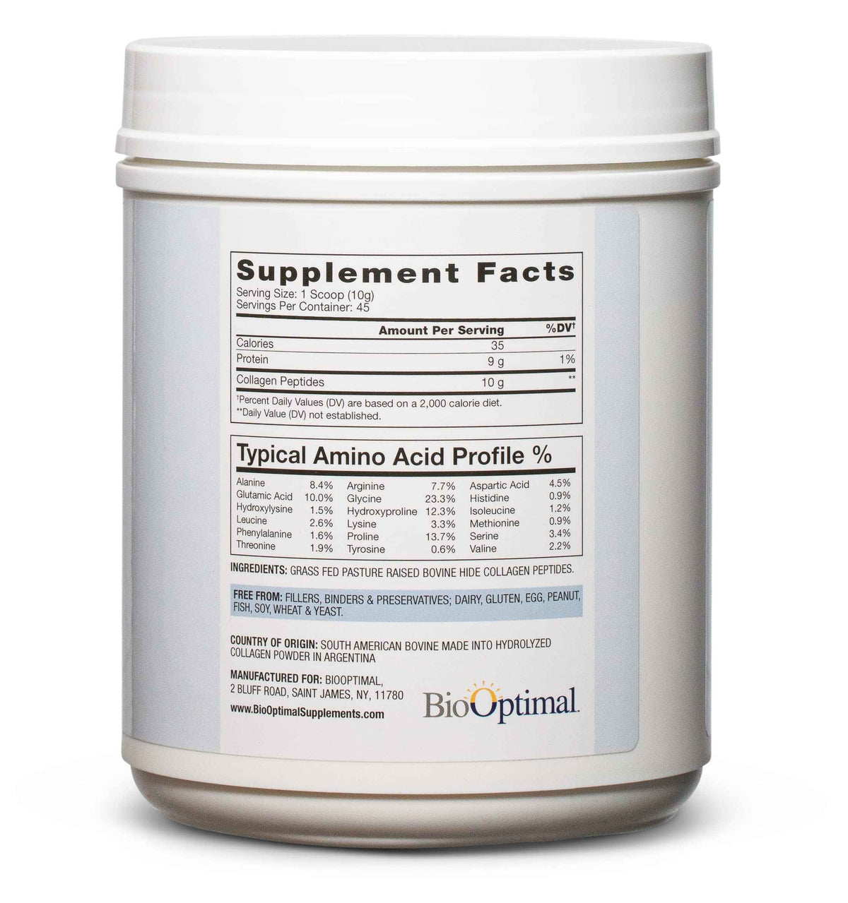 BioOptimal Collagen Peptides Powder - Grass-Fed, Pasture-Raised Hydrolyzed Protein Supplement for Skin, Hair, & Nails - Non-GMO, Zero Sugar Daily Supplement for Men & Women (45 Servings)