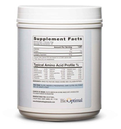 BioOptimal Collagen Peptides Powder - Grass-Fed, Pasture-Raised Hydrolyzed Protein Supplement for Skin, Hair, & Nails - Non-GMO, Zero Sugar Daily Supplement for Men & Women (45 Servings)
