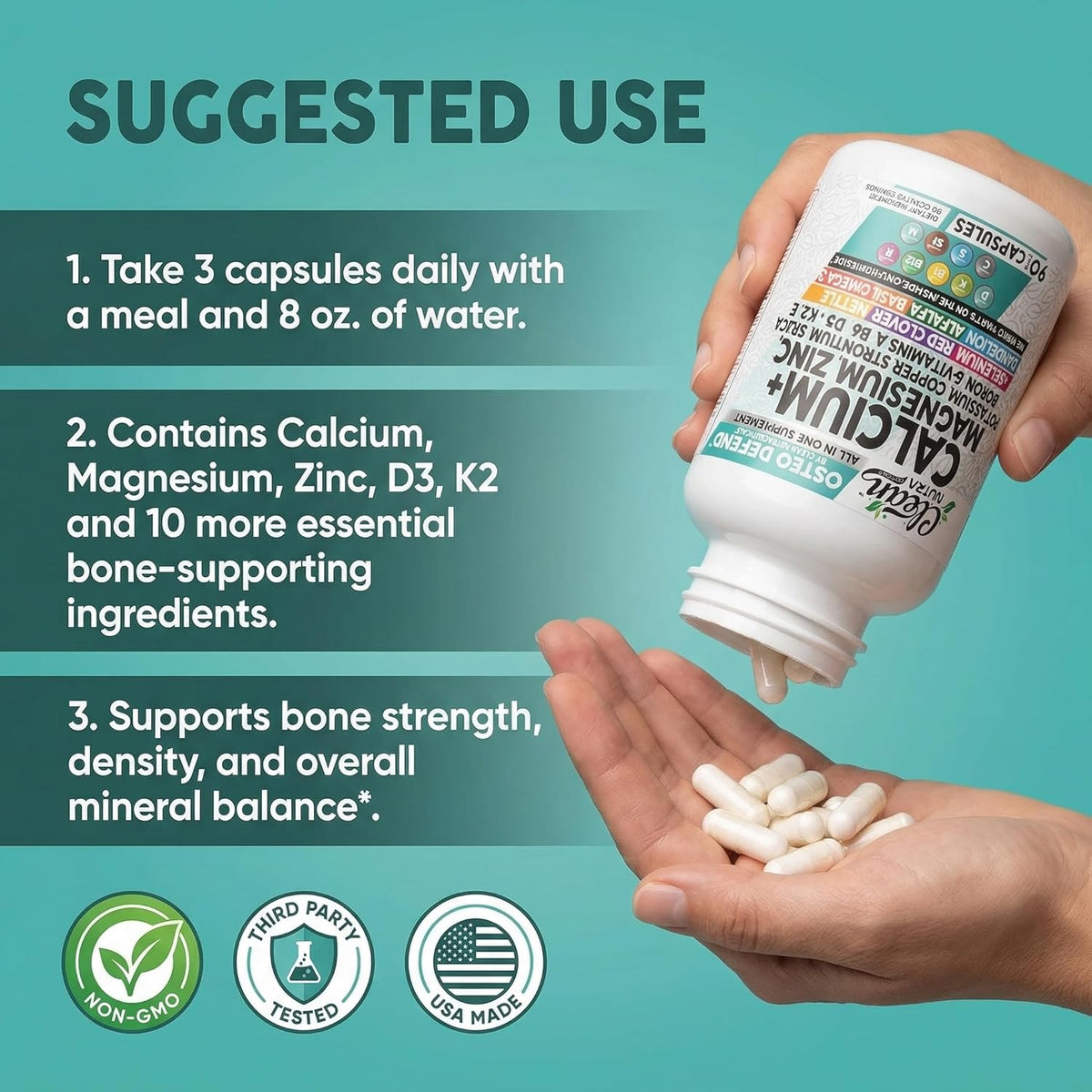 Allin1 Calcium Magnesium Zinc Supplement with Potassium, Copper, Strontium, Silica, Vitamin D3 K2, Boron, Vitamin B1 B12 Red Clover Herb Alfalfa Basil Pills for Men & Women Clean Nutra Osteo Defend