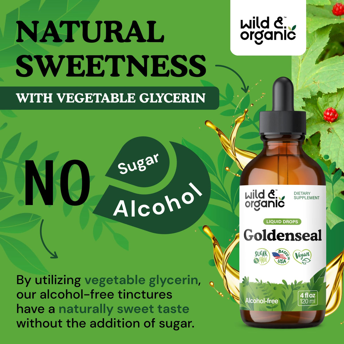 Wild & Organic Goldenseal Tincture - Lung & Digestive Support - Goldenseal Root Extract Liquid Drops - Vegan, Sugar & Alcohol-Free Herb Supplement - 4 fl oz