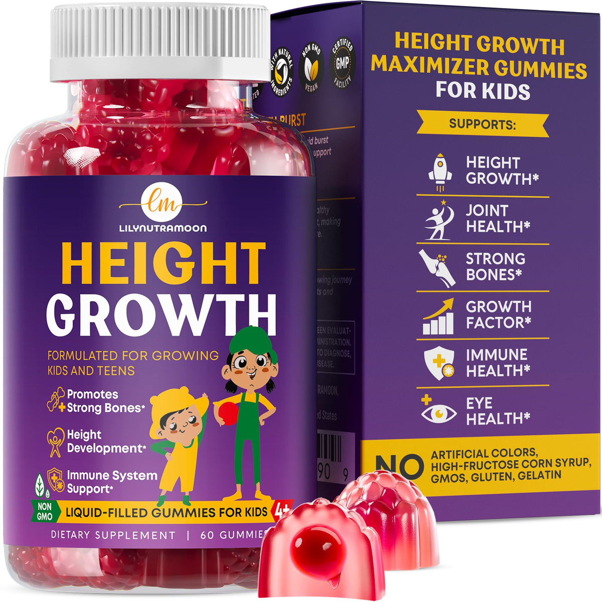 Height Growth Gummies for Kids & Teens - Calcium, Vitamin D3 + K2, Zinc, Magnesium, L-Arginine, Vitamin C - Multivitamin for Teen Boys & Girls - Grow Taller Supplement for Kids Height - 60 Gummies