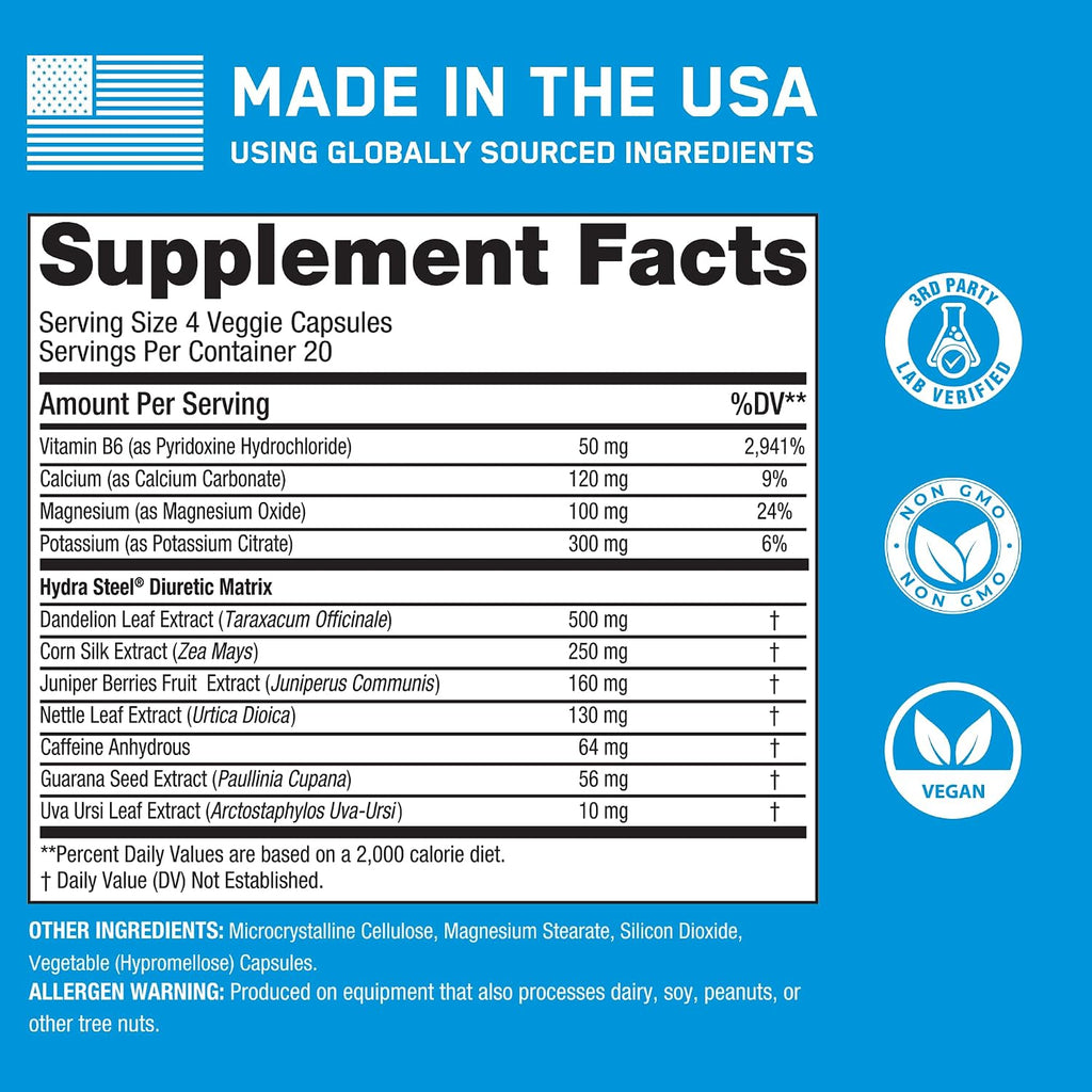 SteelFit Hydra Steel, Diuretic Water Pills Supplement - 80 Count | Dandelion & Added Electrolytes - Boost Water Weight Loss for Enhanced Muscle Definition - Water Retention & Bloat Relief