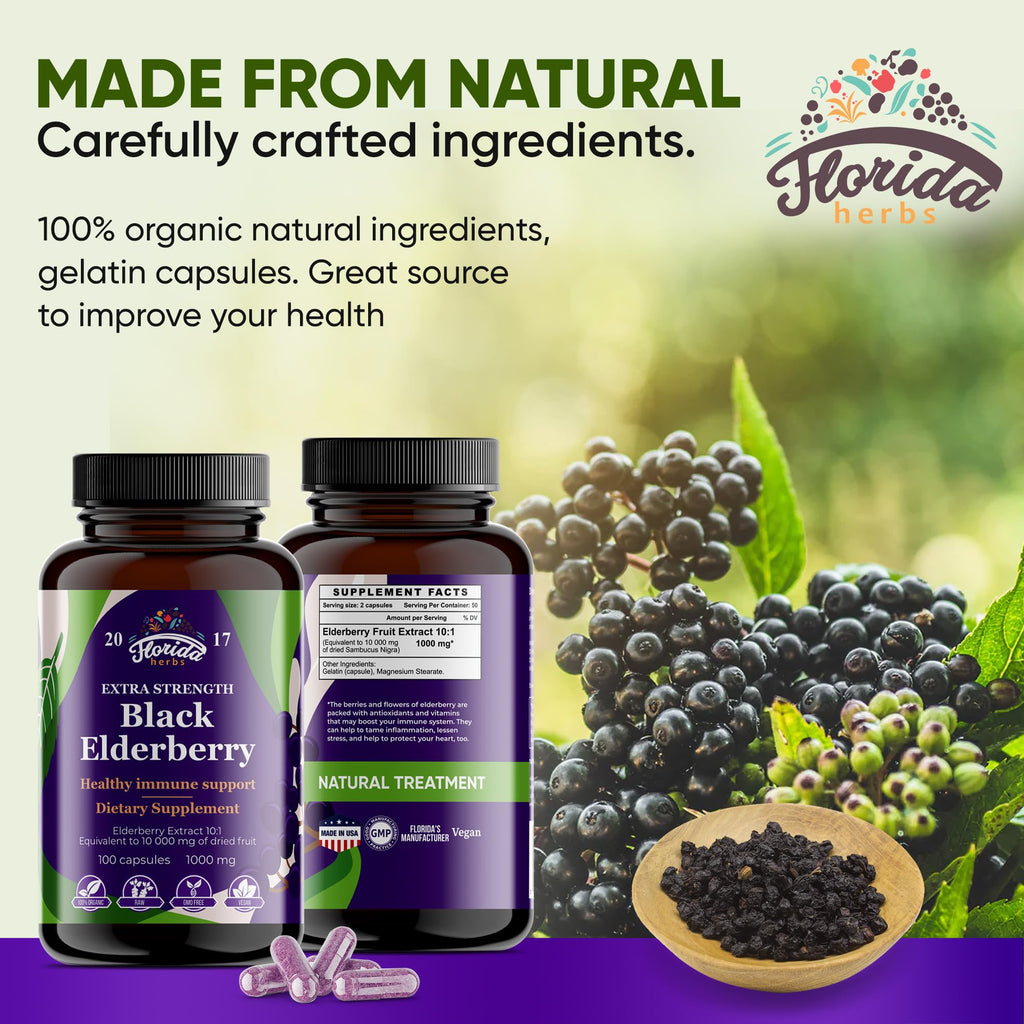 Black Elderberry Capsules | 180 Count | Sambucus Elderberry Vitamins, Non-GMO, Gluten Free, Organic Elderberry Extract Sambucus Nigra