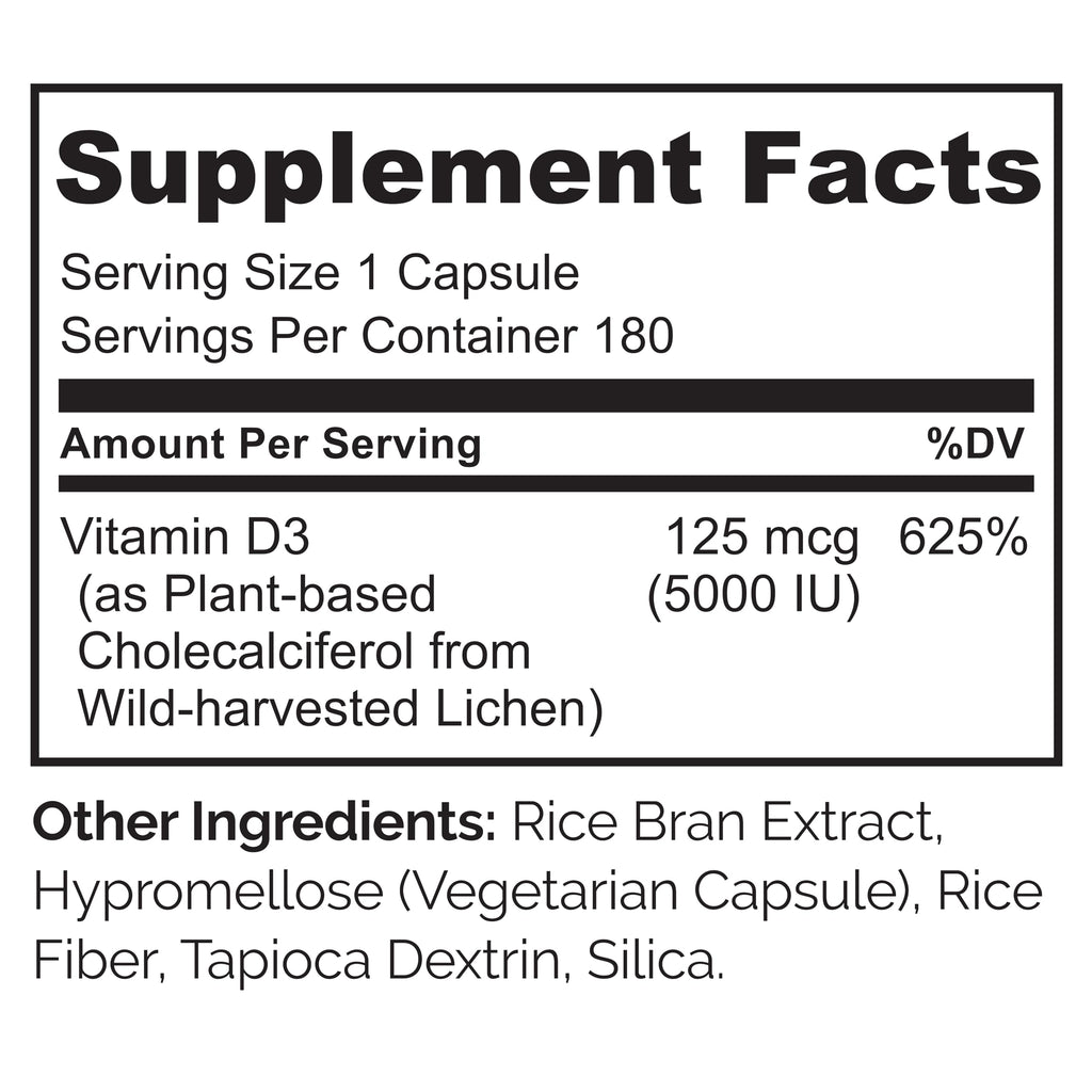 NATURELO Vitamin D - 5000 IU - Plant Based from Lichen - Natural D3 Supplement for Immune System, Bone Support, Joint Health - High Potency - Vegan - Non-GMO - Gluten Free - 180 Capsules
