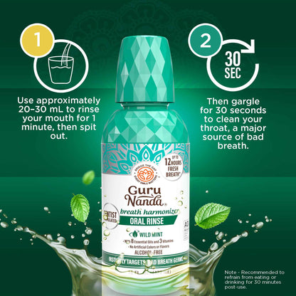 GuruNanda Oral Rinse Fresh Breath Mouthwash, ADA-Accepted Alcohol-Free Mouthwash, 7 Essential Oils & Vitamins, SLS & Flouride-Free, Wild Mint, 16 Oz