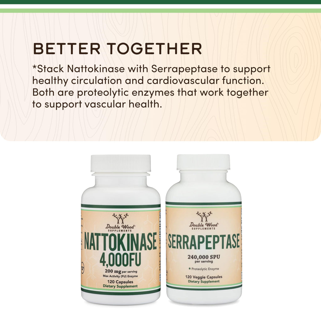 Nattokinase Supplement 4,000 FU Servings, 120 Capsules (Derived from Japanese Natto) Systemic Enzymes for Cardiovascular and Circulatory Support by Double Wood