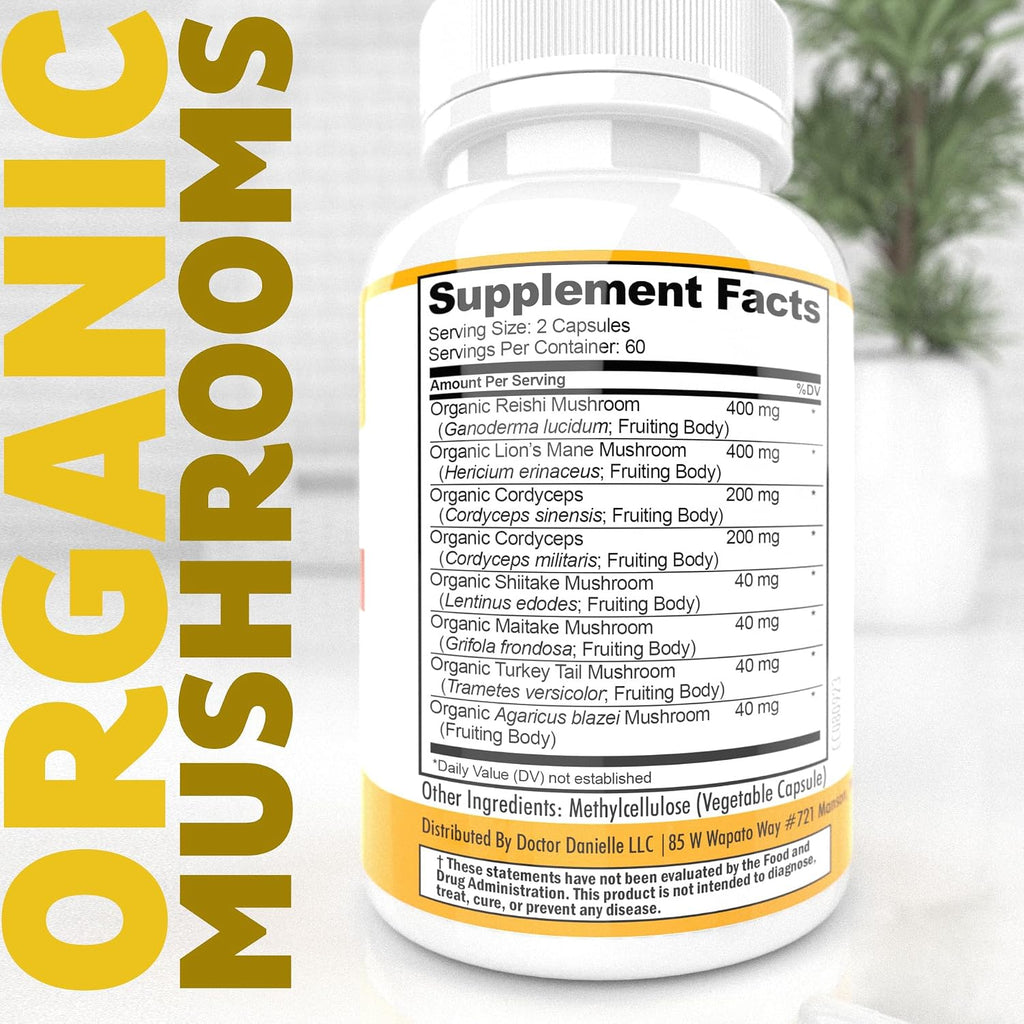 Doctor Danielle Organic Mushroom Complex Supplement – 8 Organic Mushrooms Including Reishi, Lion’s Mane, Cordyceps & Chaga – Vegan Capsules, Thoughtfully Formulated for Daily Wellness