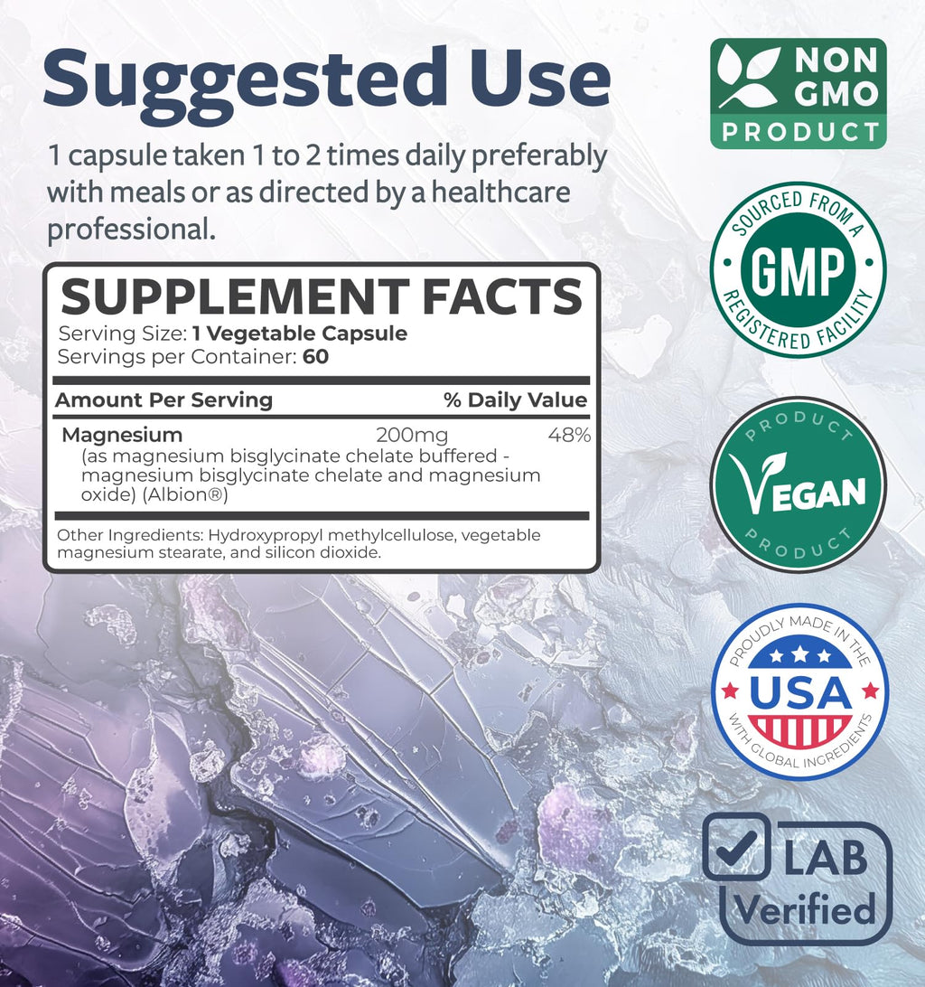 High Absorption Magnesium Bisglycinate Capsules - Clinically Validated Buffered and Chelated Magnesium Supplement - 1 Daily Vegan Capsule with Lab Verified Gentle 200mg Serving (4 Month Supply)