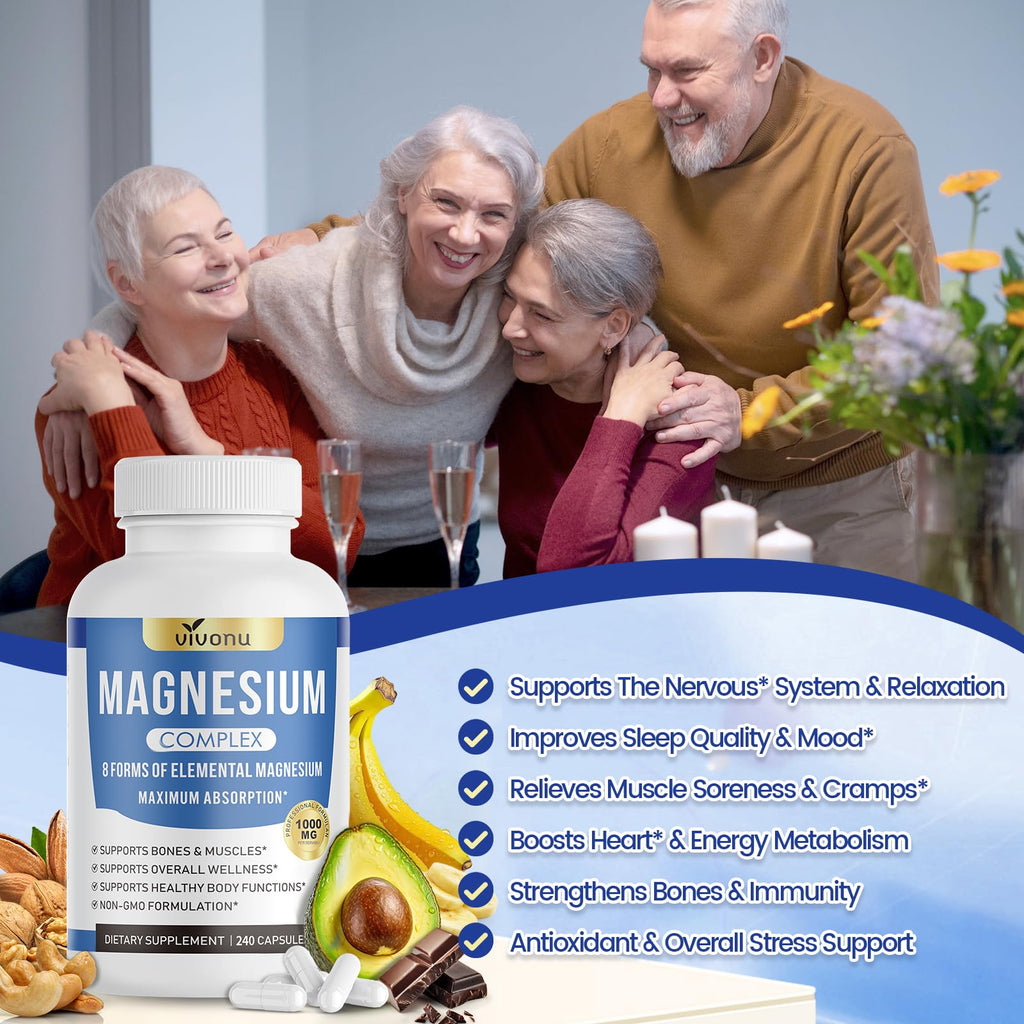 Pure Magnesium Glycinate 500mg, Magnesium Supplement with Vitamin B6 for High Absorption, Supports Stress Relief, Sleep, Muscle, Calm, Relaxation, Nerves* & Metabolism*, Non-GMO, 240 Vegan Capsules