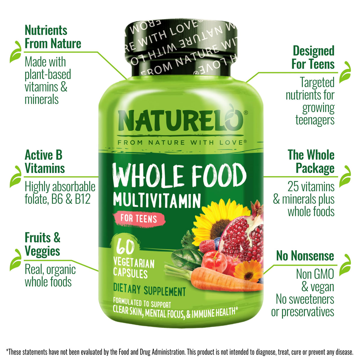 NATURELO Multivitamins for Teenage Girls/Boys, 60 Capsules, Whole Food Multivitamin with Minerals, Non-GMO, Vegetarian