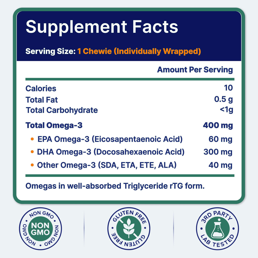 OmegaVia Omega 3 Chewies, Daily DHA Chewable Vitamins for Kids, Omega 3 for Ages 3-12 to Support Brain & Eye Health, Sugar-Free Natural Fruit Flavor, Omega 3 Fish Oil, 30 Individual Packets