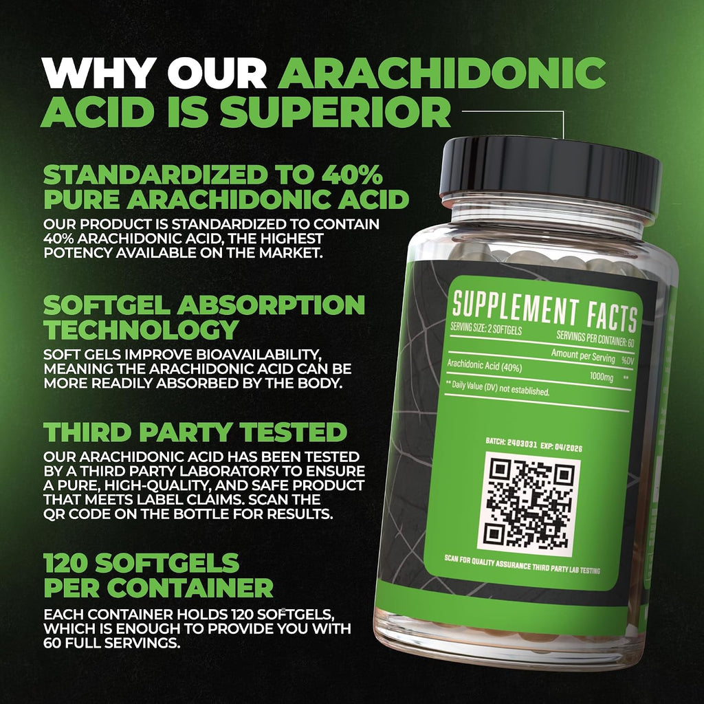 Huge Supplements Arachidone, Arachidonic Acid Supplement, Promotes Lean Mass & Increased Strength, Highest Dosed with 1000mg Per Serving, 120 Softgels