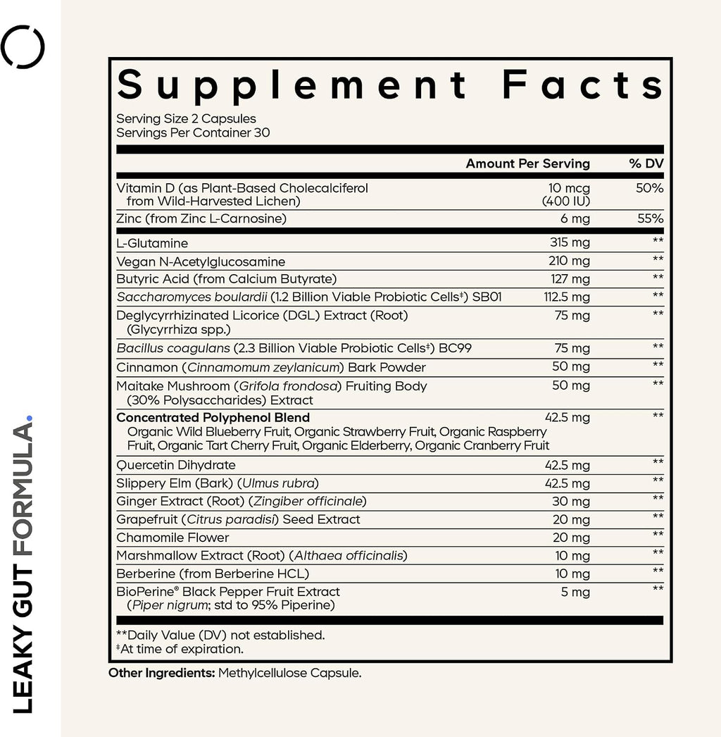 Codeage Leaky Gut Supplement, L-Glutamine, N-Acetylglucosamine, Probiotic, Butyric Acid, Polyphenols, Quercetin, DGL, Marshmallow Root, Berberine, BioPerine, Cinnamon, Vegan, Non-GMO, 60 Capsules