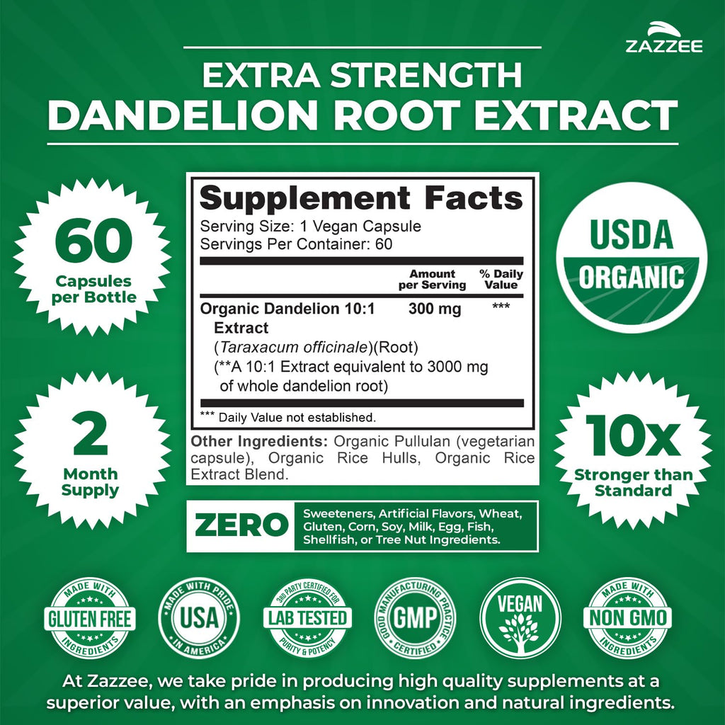 Zazzee USDA Organic Dandelion Root 10:1 Extract, 120 Capsules, 4 Month Supply, Liver & Detox Support, Taraxacum Officinale, Organic Herbal Supplement, All-Natural, Non-GMO, Made in the USA