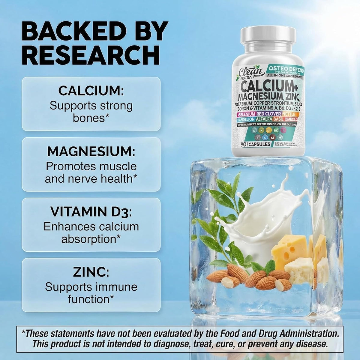 Allin1 Calcium Magnesium Zinc Supplement with Potassium, Copper, Strontium, Silica, Vitamin D3 K2, Boron, Vitamin B1 B12 Red Clover Herb Alfalfa Basil Pills for Men & Women Clean Nutra Osteo Defend