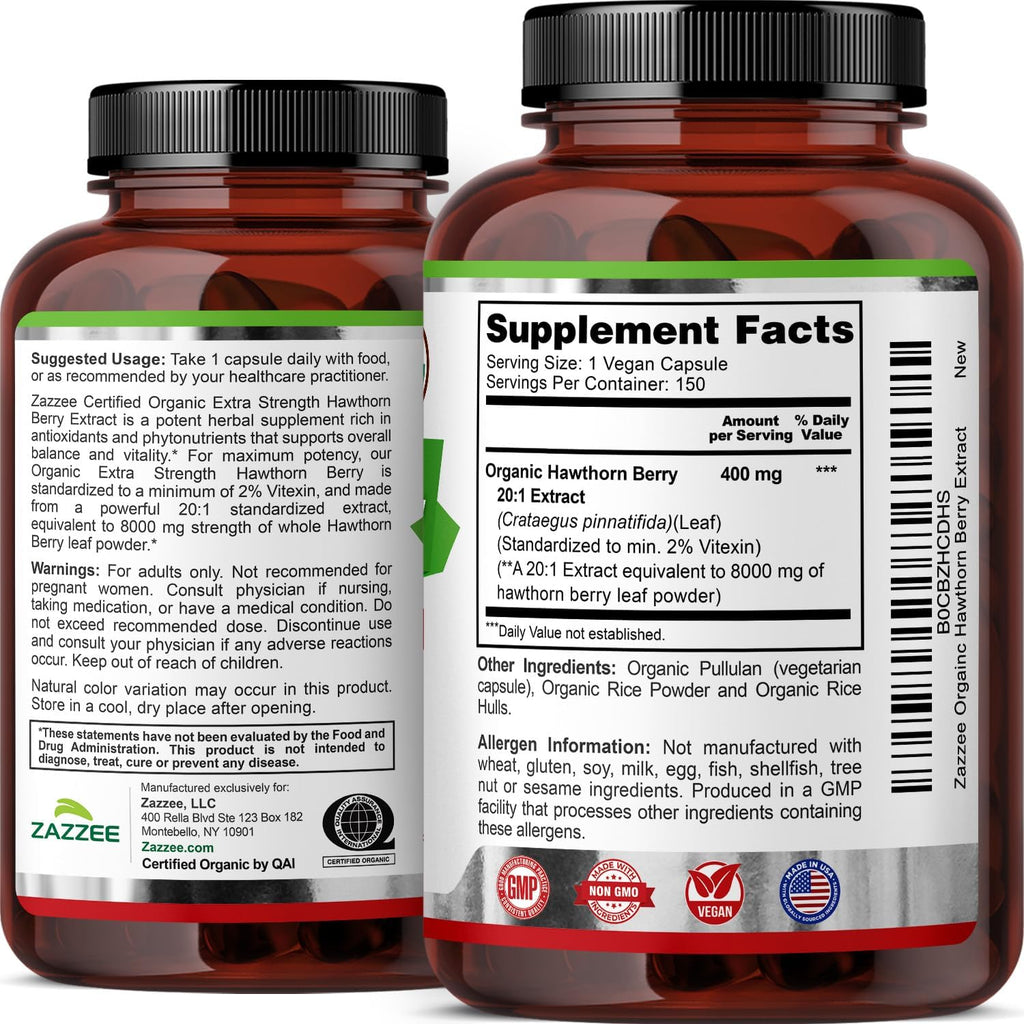 Zazzee USDA Organic Hawthorn Berry 20:1 Extract, 2% Vitexin, 150 Capsules | 5 Month Supply, Vegan, Crataegus Pinnatifida, Antioxidant & Circulation Support, Herbal Supplement, Non-GMO, Made in the USA
