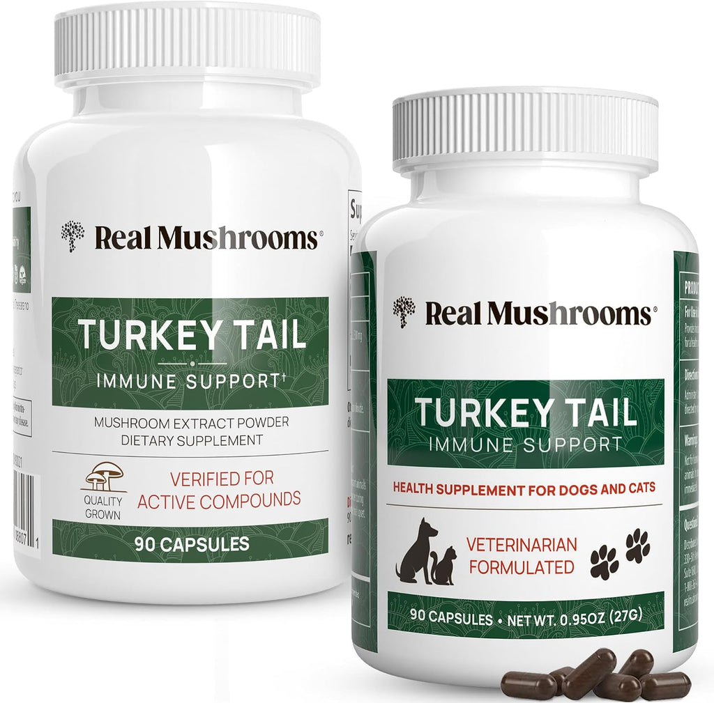 Real Mushrooms Turkey Tail for Humans & Pets - Bundle for Immune Support - Vegan, Non-GMO, Grain-Free, Gluten-Free Mushroom Extract Capsules - Verified Levels of Beta-Glucans