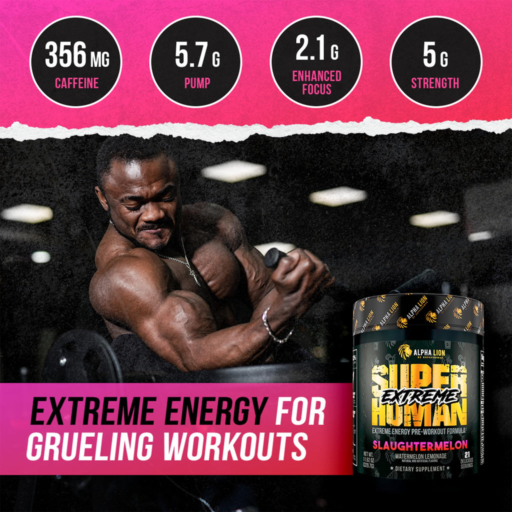 ALPHA LION Superhuman Extreme High Stim Pre Workout Powder, Beta Alanine, L-Taurine & 356mg Tri-Source Caffeine for Sustained Energy, Nitric Oxide & Citrulline for Pump (21 Servings, Slaughtermelon)