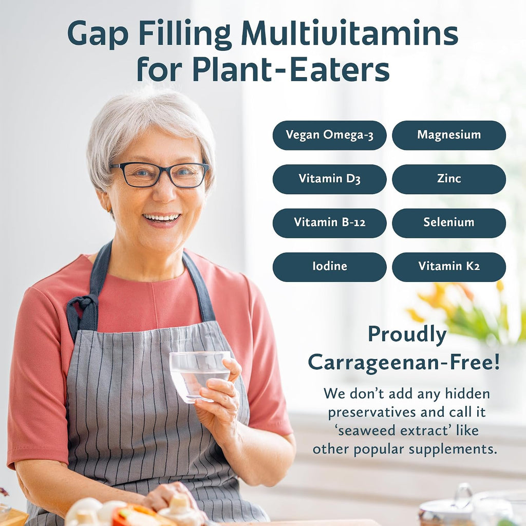Future Kind Carrageenan-Free Foundations Multivitamin for Women & Men with Omega-3, B12, D3, Zinc, Iodine, Magnesium, K2 & Selenium, Vegan, Compostable Bag (60ct)