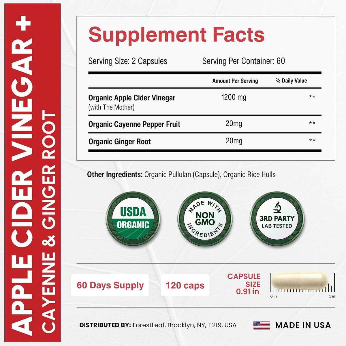 USDA Organic Apple Cider Vinegar Capsules with Mother, 1200 mg | Vegan & Non-GMO | Apple Cider Vinegar Pills with Cayenne Pepper & Ginger Root | 120 Caps