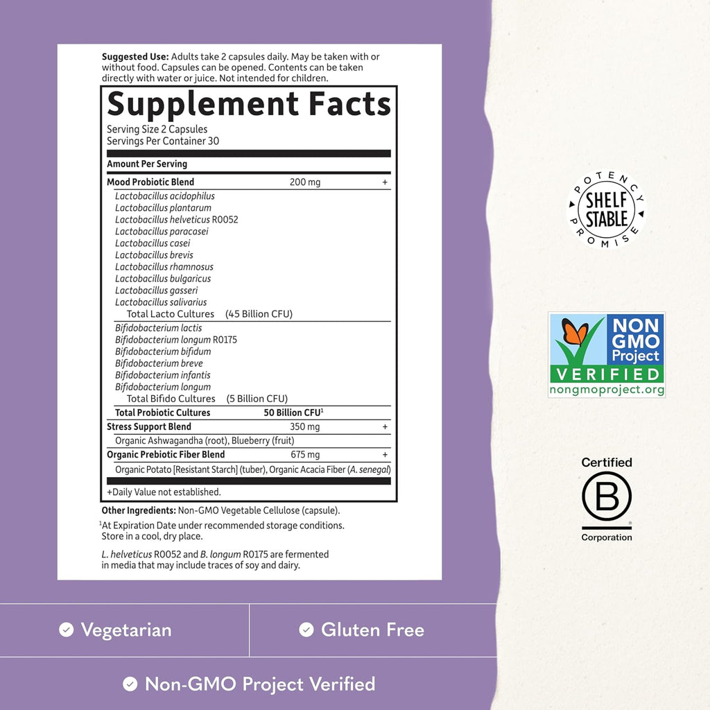 Garden of Life Probiotics Mood+ Dr Formulated Acidophilus Probiotic Supplement - Promotes Emotional Well-Being, Relaxation and Digestive Balance - Ashwagandha for Stress Management, 60 Veggie Caps