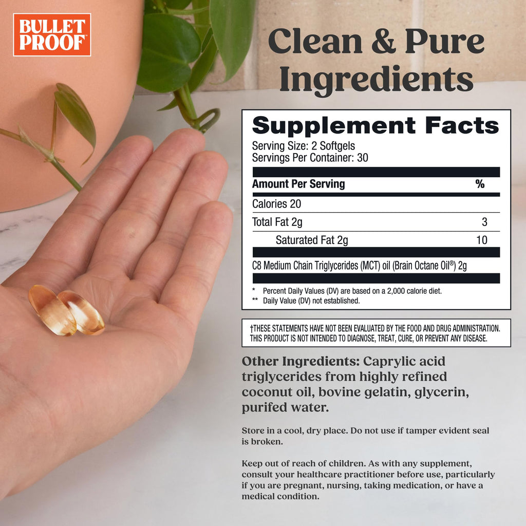 Bulletproof Brain Octane Softgels, 60 Count, Pure C8 MCT Oil for Sustained Energy