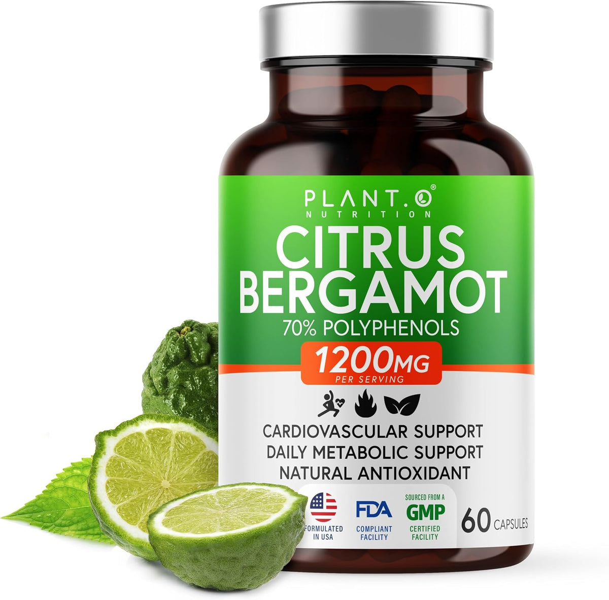 Citrus Bergamot Supplement 1200mg Highly Concentrated to 70% Polyphenols - Pure Bergamot Extract for Heart Health, Immunity, Antioxidant - 60 Veggie Capsules, Made in USA