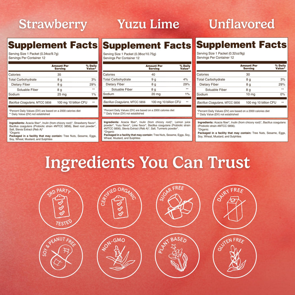 Organic Traditions Fiber Flow Variety Pack, Daily Fiber Supplement Sticks with Acacia, Chicory Root Inulin, One Billion CFU Probiotics, Mixed Flavors Strawberry Yuzu Lime Unflavoured, 12 Count
