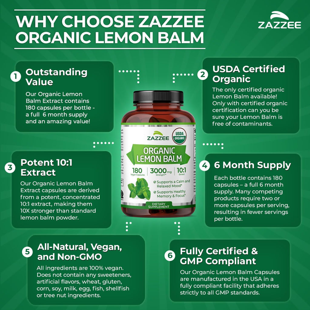 Zazzee USDA Organic Lemon Balm 10:1 Extract, 180 Capsules, 6 Month Supply | Vegan, All-Natural, Non-GMO, Melissa Officinalis, Calm, Mood, Stress & Relaxation Support, Herbal Supplement, Made in the USA