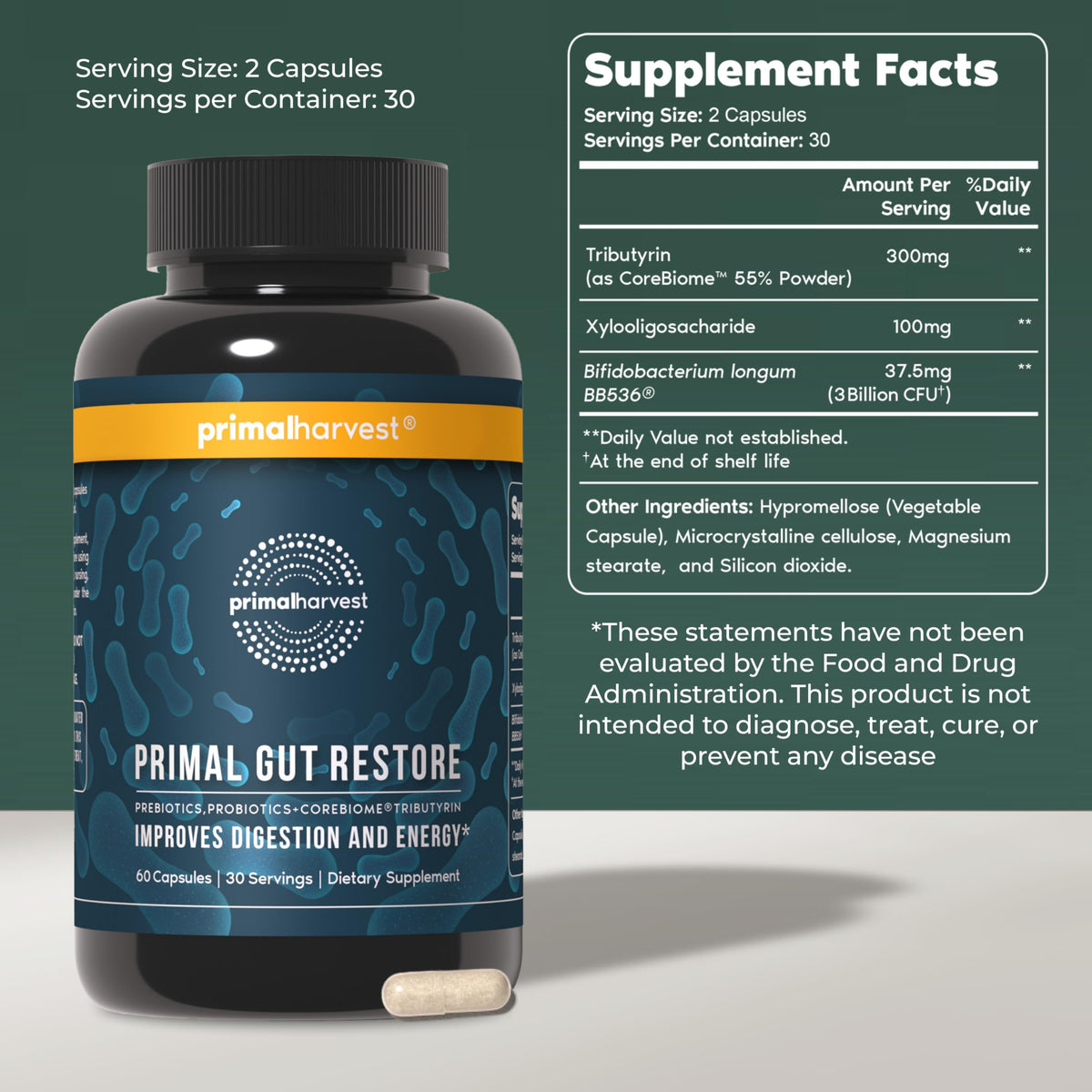 Primal Harvest Gut Restore - Daily Supplement, Gluten & Dairy Free, Vegan