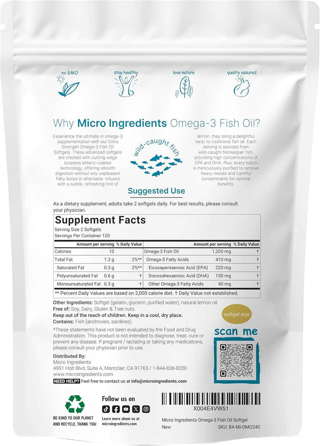 Micro Ingredients Extra Strength Omega 3 Fish Oil Supplements 1,200mg Per Serving, 240 Softgels | Lemon Flavored | Burpless | Essential Fatty Acids | EPA 220mg + DHA 150mg | Deep Sea Fish