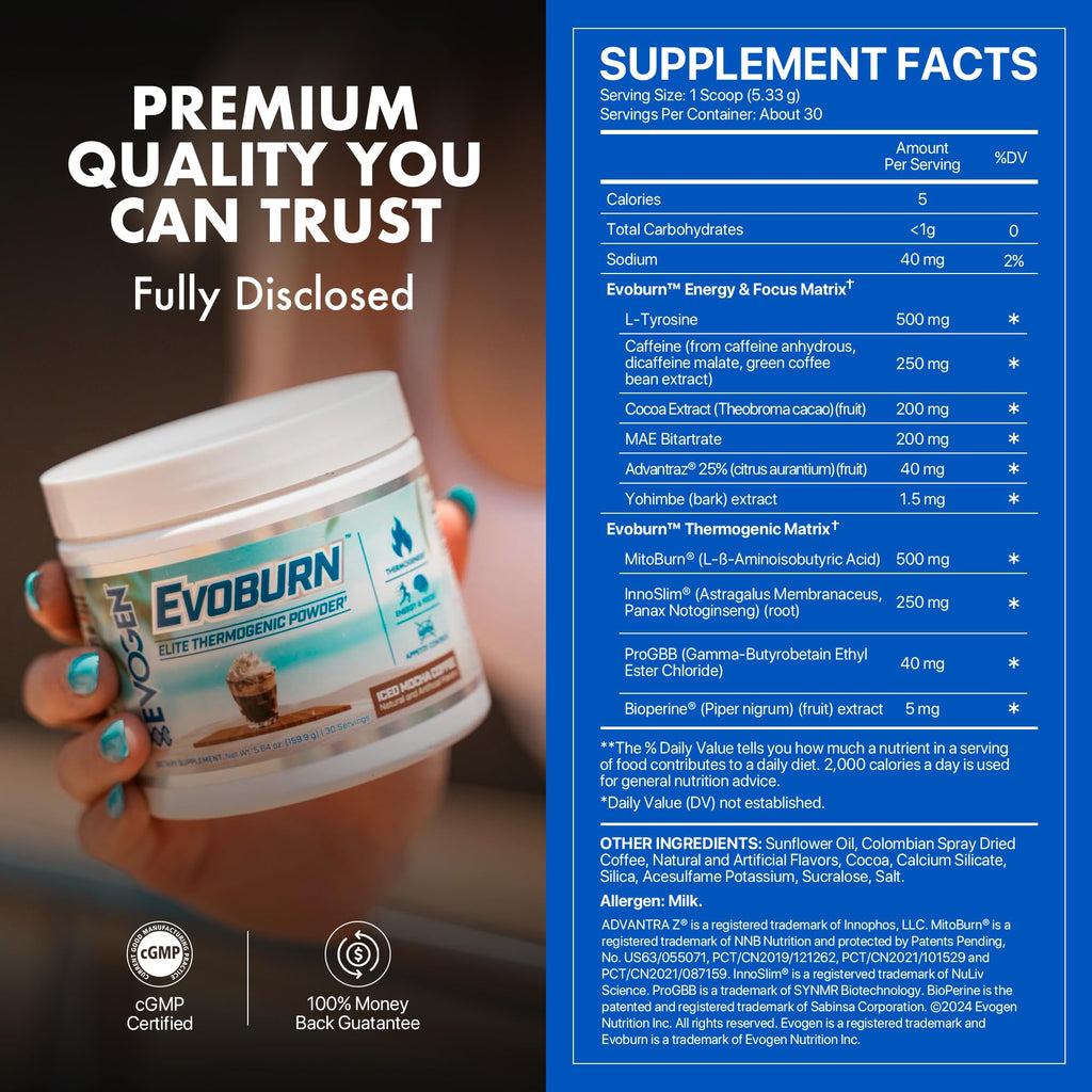 Evogen Evoburn Thermogenic | Mango | 30 Servings | MitoBurn, InnoSlim and ProGBB with caffeine, L-tyrosine, cocoa extract, DMAE and AdvantraZ for energy, focus and metabolism