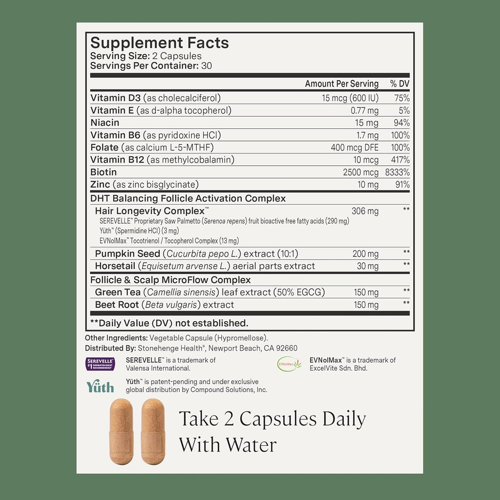 Stonehenge Health Dynamic Hair Energy for Men – Hair Growth Supplement with Saw Palmetto, Spermidine, Biotin & Tocotrienols – Supports Thicker, Denser, Fuller-Looking Hair – 60 Vegetarian Capsules