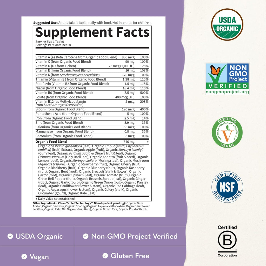 Garden of Life Organics Multivitamin for Women - Women's Once Daily Multi - Whole Food Multi with Iron, Biotin, Vegan Organic Womens Multivitamin for Health, Energy Hair Skin and Nails, 60 Tablets | Women's Once Daily, Whole Food Multi with Iron, Biotin,