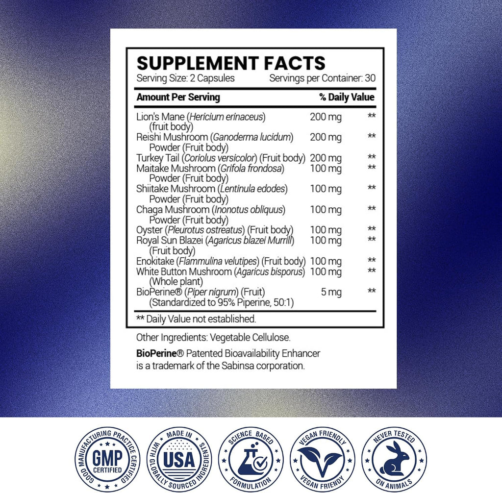 Research Verified Mushroom Complex - Support Immunity, Boost Antioxidants, Improve Cognitive Function - 10 Mushrooms Including Reishi, Maitake, and Shiitake - 60 Capsules - Vegan