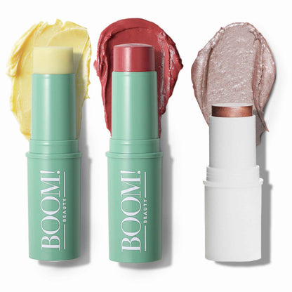 Boomstick Trio ® Rose Nude 3 Pack Cream Blush Makeup - Rose Nude Blush Stick, Highlighter Stick & Moisturizer for Cheeks, Eyes & Lips - Boom Sticks by Cindy Joseph for Older Women