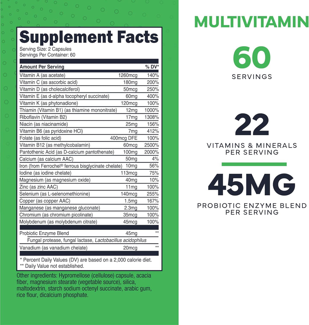 Type Zero Multivitamin Capsules (1,300mg) 120 Capsules, Vegetarian Friendly | With Probiotics + 22 Vitamins and Minerals, GMO-Free