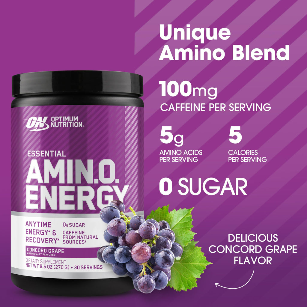 Optimum Nutrition, Amino Energy - Pre Workout with Green Tea, Bcaa, Amino Acids, Keto Friendly, Green Coffee Extract, Energy Powder - Concord Grape, 65 Servings