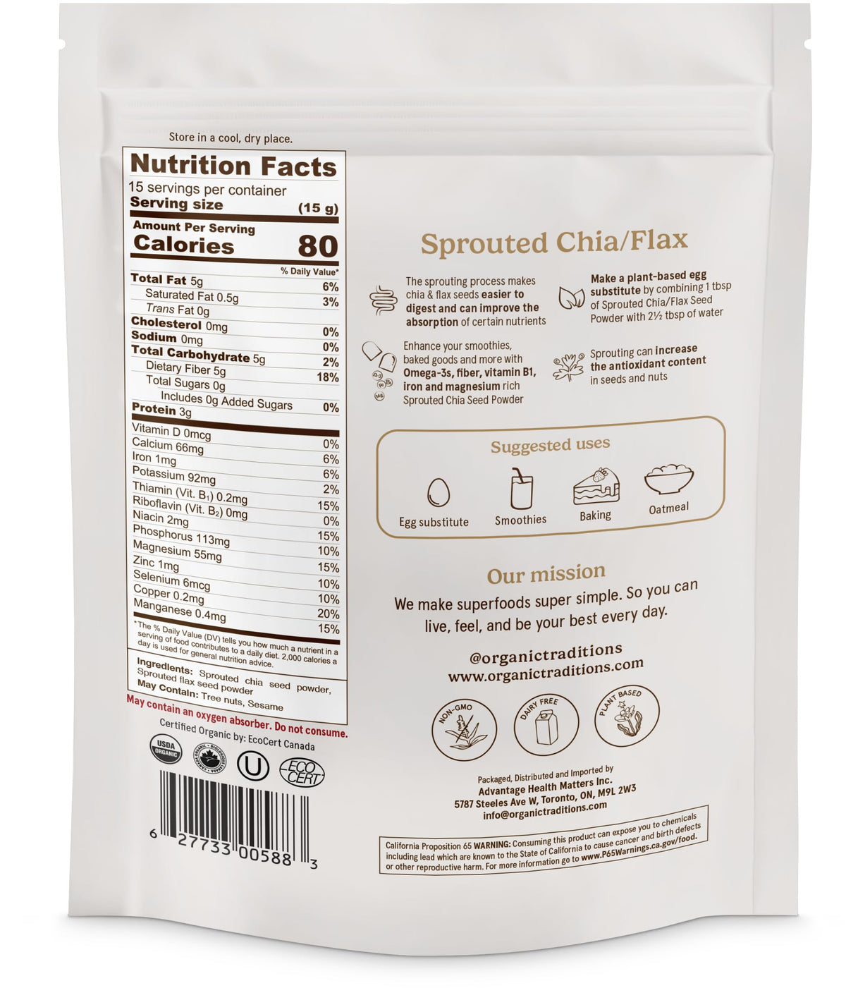 Organic Traditions Sprouted Chia and Flax Seed Powder, Organic Chia Seeds and Flax Blend for Smoothies Baking Oatmeal Egg Substitute, Plant Based Non GMO High Fiber Omega 3 Superfood, 454g / 16 oz Bag