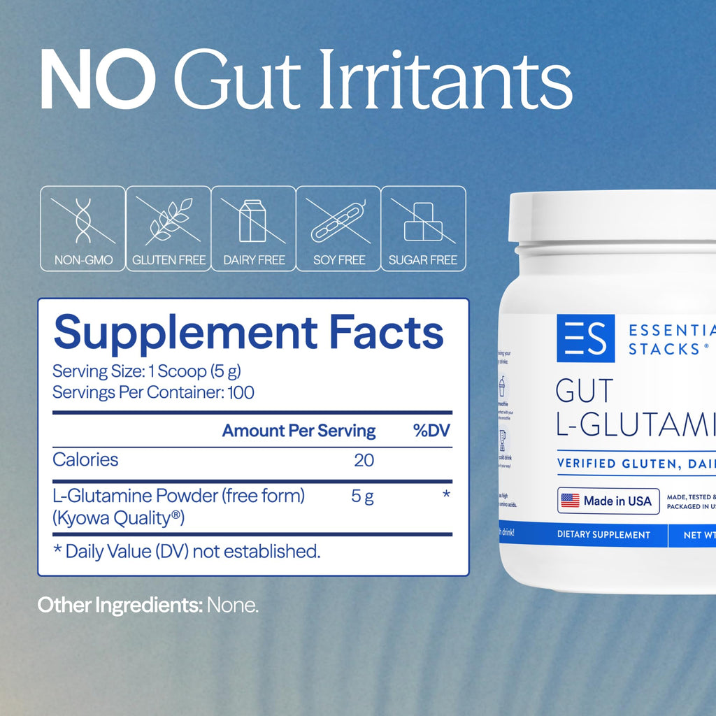 Essential Stacks Gut L-Glutamine Powder - Exclusively Made in USA - Pure L Glutamine Powder for Gut Health (100 Servings, Unflavored)