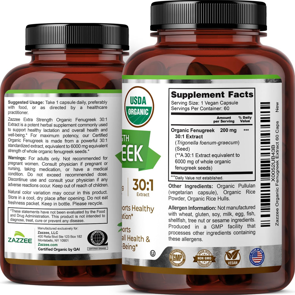 Zazzee USDA Organic Fenugreek 30:1 Extract, 120 Vegan Capsules, 4 Month Supply, Breastfeeding & Lactation Support for Nursing Mothers, Organic Herbal Supplement, All-Natural, Non-GMO, Made in the USA