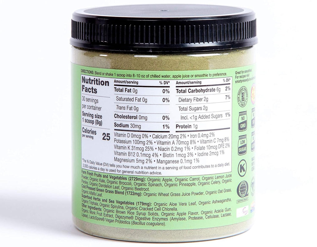 SMART Pressed Organic Greens Superfoods Powder | Cold-Pressed Daily Organic Greens Powder for Women & Men | Vegan Green Powder Superfood Organic | Green Superfood Powder (30 Servings)