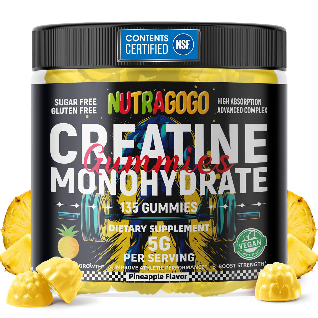 NUTRAGOGO NSF Certified Creatine Gummy - Creatine Monohydrate Gummies for Men & Women-5g of Creatine Monohydrate per Serving - Sugar Free,Vegan, Pineapple Electrolyte Chews, 135 Count
