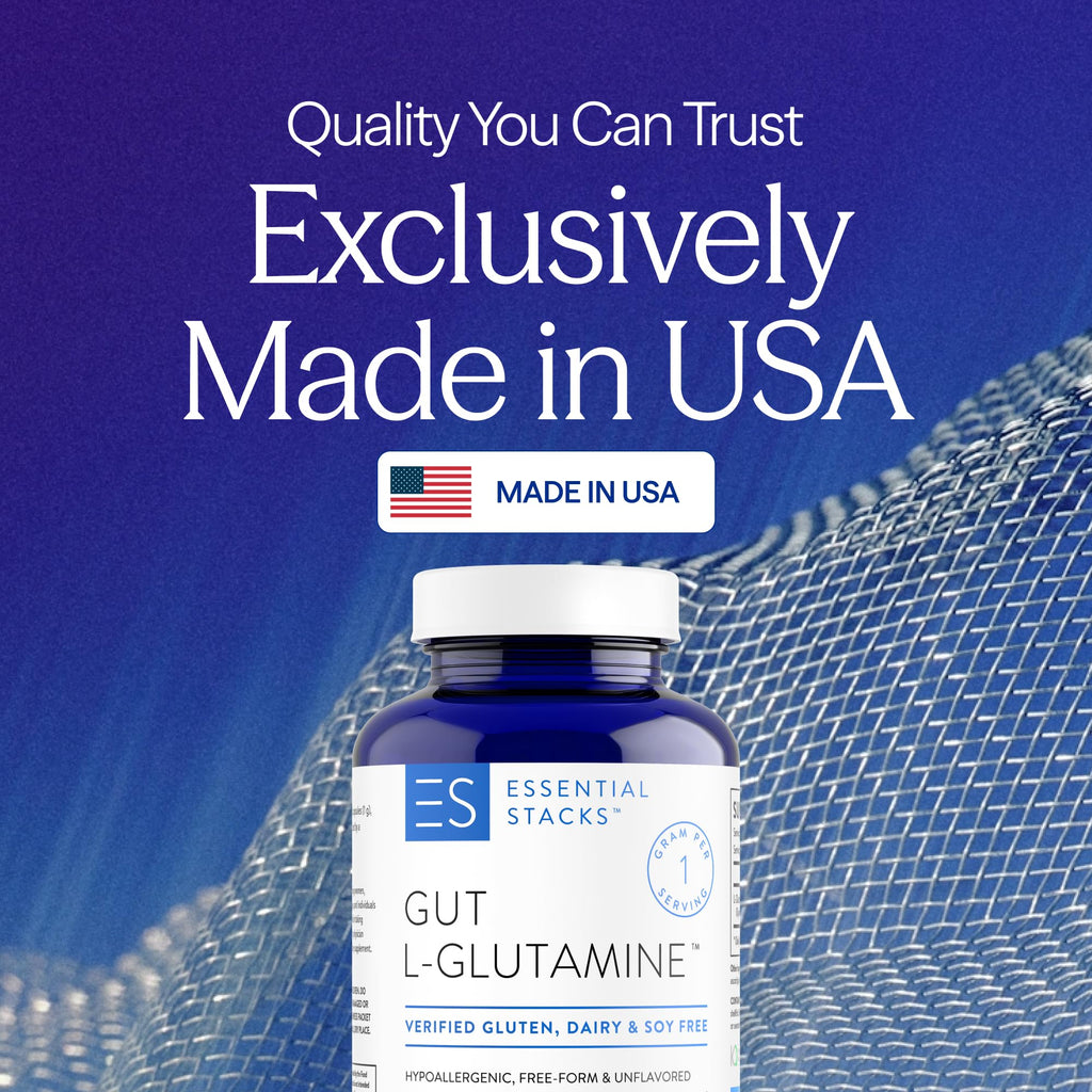 Essential Stacks Gut L-Glutamine Capsules 1000mg (Made in USA) - Gluten, Dairy & Soy Free, Non-GMO L Glutamine for Gut Health - 60 Serves (120 Caps)