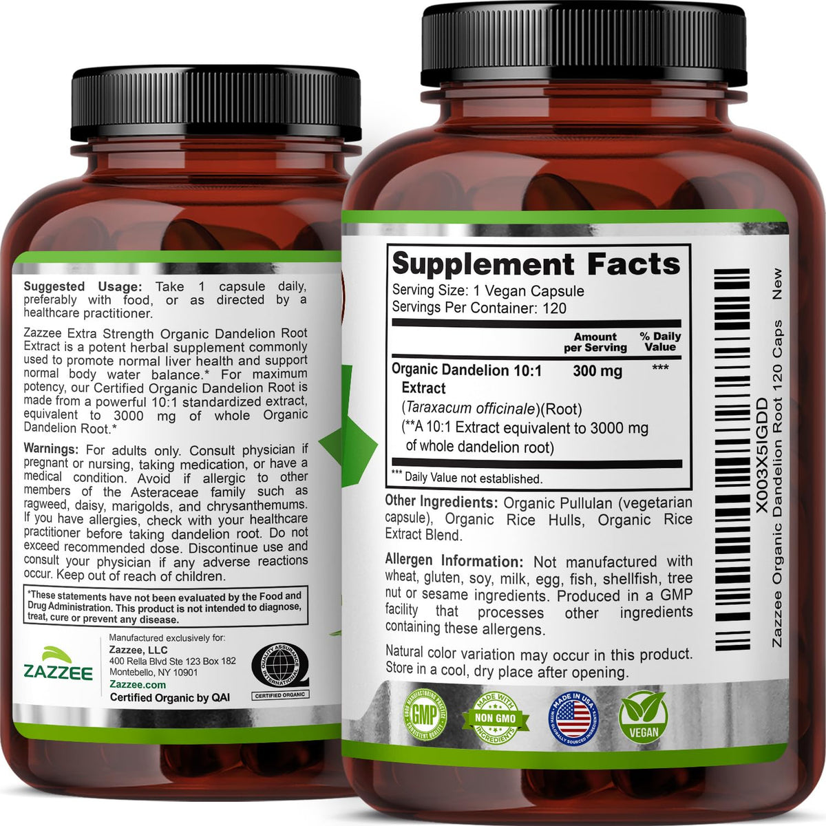 Zazzee USDA Organic Dandelion Root 10:1 Extract, 120 Capsules, 4 Month Supply, Liver & Detox Support, Taraxacum Officinale, Organic Herbal Supplement, All-Natural, Non-GMO, Made in the USA