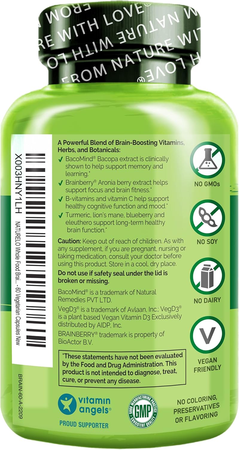 NATURELO Whole Food Brain Supplement - Brain Health Supplements for Memory & Focus Support - Enhance Brain Health Blend Supplement for Adults - 60 Vegetarian Capsules