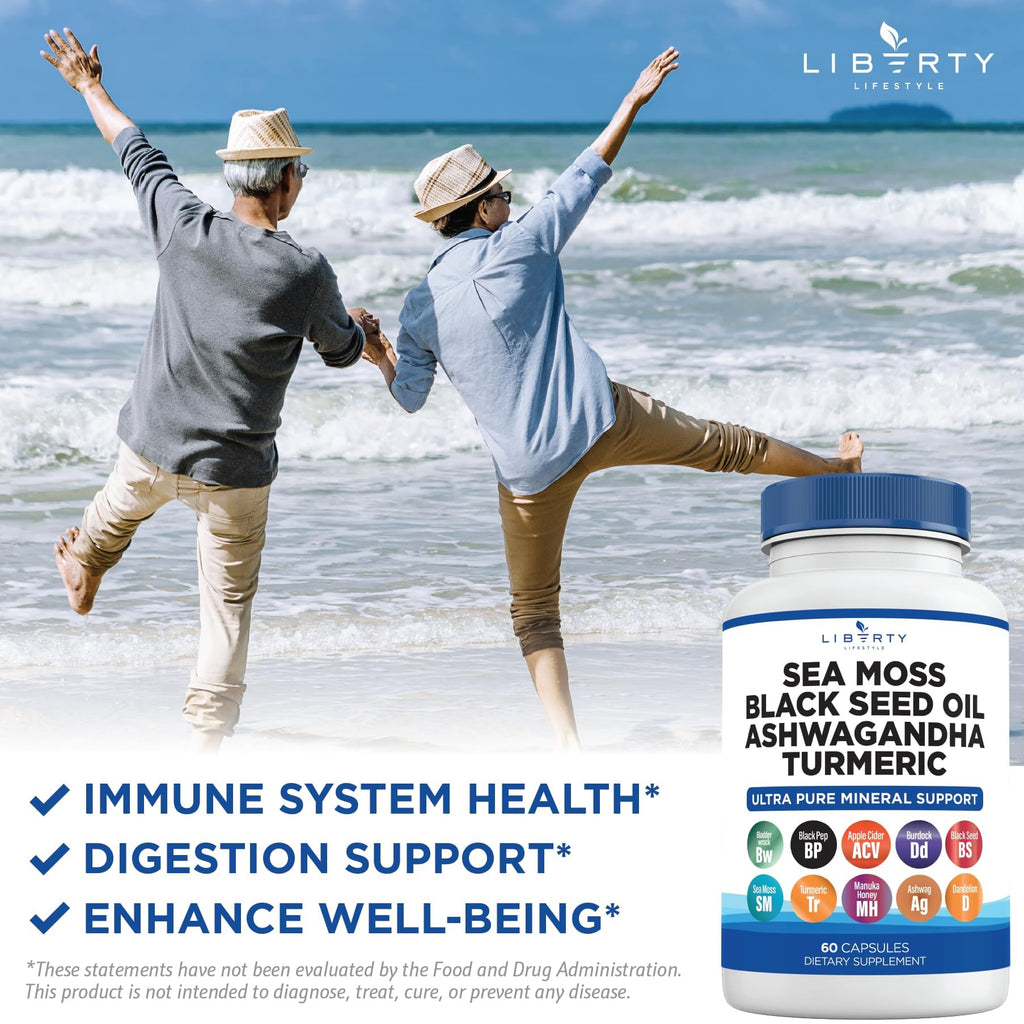 Liberty Lifestyle Sea Moss Black Seed Oil Ashwagandha Turmeric Bladderwrack Burdock - with Manuka, Honey Dandelion, ACV Black Pepper Gluten Free - 2-Pack