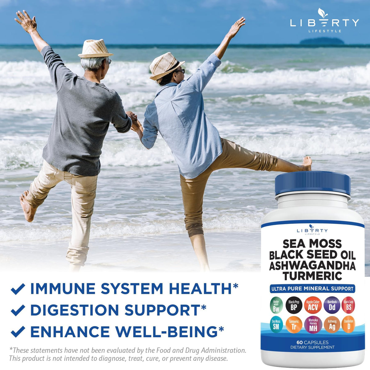 Liberty Lifestyle Sea Moss Black Seed Oil Ashwagandha Turmeric Bladderwrack Burdock - with Manuka, Honey Dandelion, ACV Black Pepper Gluten Free - 2-Pack