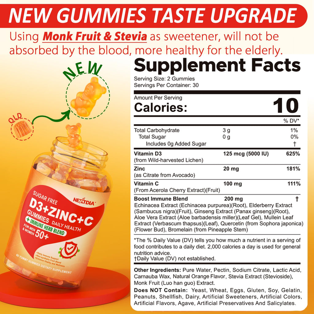 Sugar Free Vitamin C + D3 + Zinc Gummies for Adults 50 +, 9 in 1 Immune Defense Supplement with D3 5000IU, Elderberry, Echinacea, Mullein Leaf for Boost Immunity, Power Antioxidant, Vegan (Pack of 2)